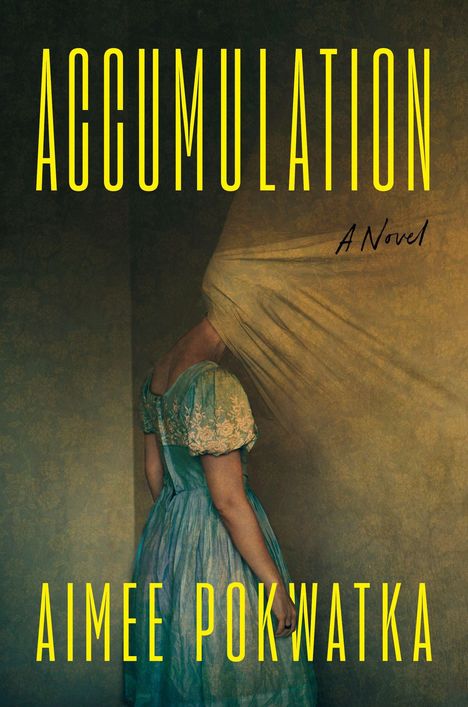 „ACCUMULATION: A Novel“, „Aimee Pokwatka“. Eine Person in altem Kleid steht mit gesenktem Kopf an einer Wand.