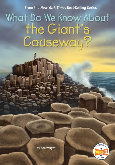 "What Do We Know About the Giant’s Causeway?" Illustration von Basaltsäulen am Meer, Person steht oben, Sonnenuntergang.