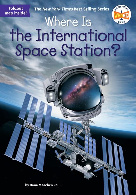 "Where Is the International Space Station?" in großen Buchstaben. Illustration eines Astronautenhelms, ISS im Weltraum.