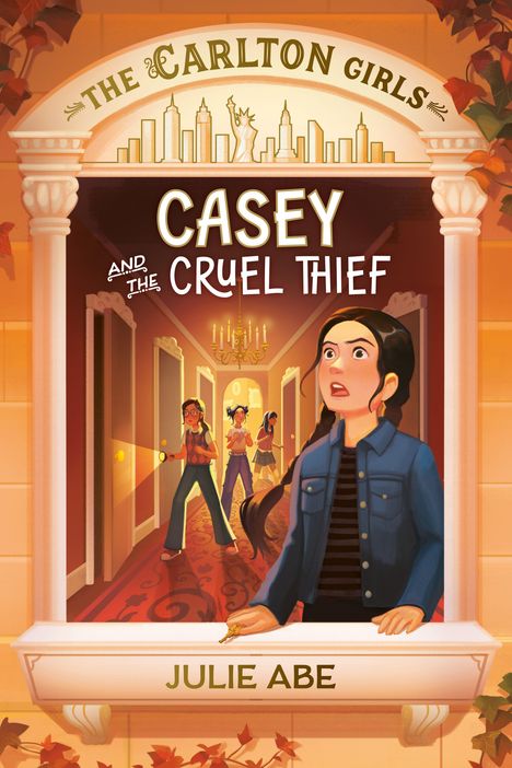 Dieser Entwurf zeigt den Text: "CASEY AND THE CRUEL THIEF" und "JULIE ABE". Eine Gruppe Kinder erkundet einen Flur.