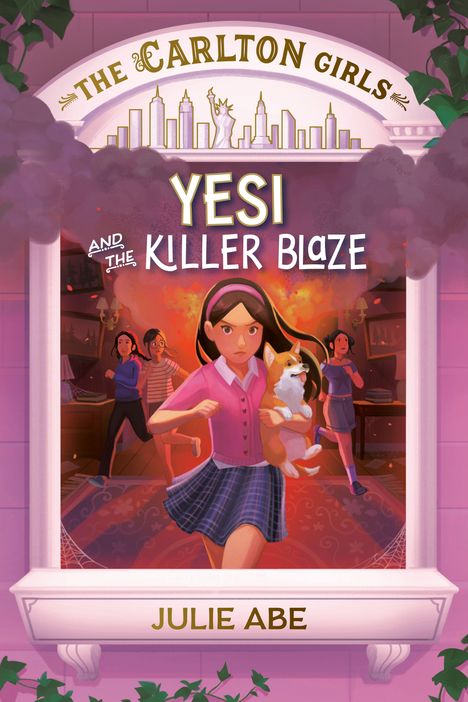 "YESI AND THE KILLER BLAZE" und "JULIE ABE". Mädchen läuft mit Hund, Feuer im Hintergrund, moderne Illustration.