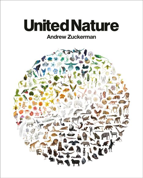 Text: „United Nature, Andrew Zuckerman“. Ein Kreis aus Illustrationen von Pflanzen und Tieren in verschiedenen Farben.