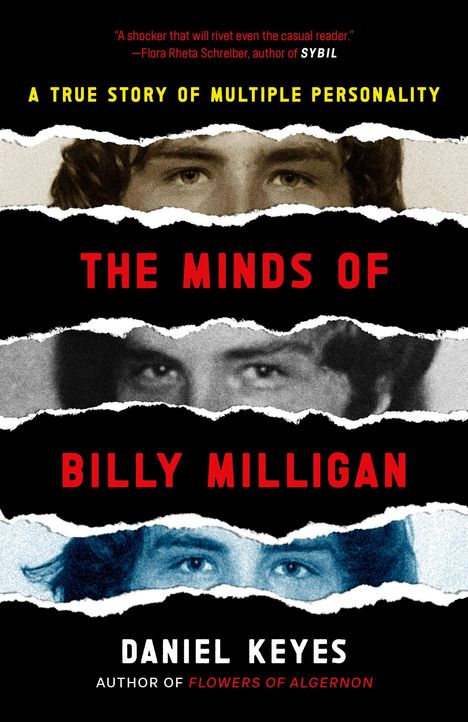 „THE MINDS OF BILLY MILLIGAN“ von Daniel Keyes; zerrissene Streifen zeigen Augenpartien.