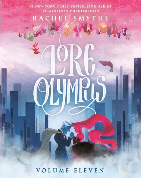 "LORE OLYMPUS" in großen Buchstaben, darüber bunte Figuren. Zwei Personen stehen in einer stilisierten Stadt.