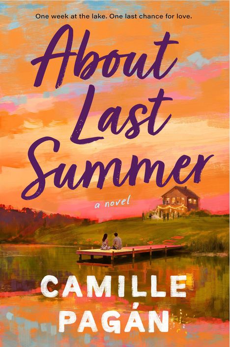 "One week at the lake, one last chance for love." Gemälde von Paar auf einem Steg, mit Haus und Lichtern im Hintergrund.
