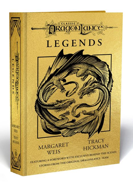 "Classic Dragonlance Legends" steht auf einem goldenen Buchcover mit verzierten Drachenillustrationen. Autoren: Margaret Weis, Tracy Hickman.