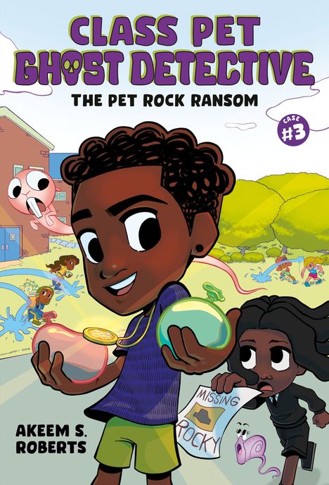 „Class Pet Ghost Detective: The Pet Rock Ransom“, ein Comic-Cover mit Kindern, Geistern und Wasserspielen.