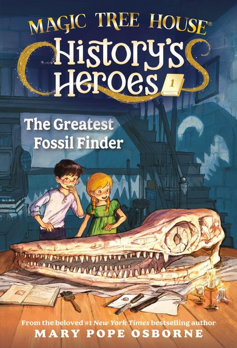 Titel: "The Greatest Fossil Finder." Ein Junge und ein Mädchen betrachten einen großen Dinosaurier-Schädel auf einem Tisch.