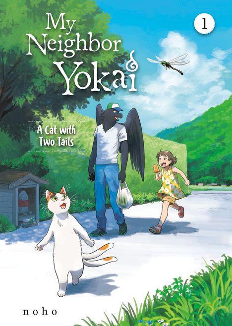 „My Neighbor Yokai“, „A Cat with Two Tails“. Ein geflügeltes Wesen, ein Mädchen und eine zweischwänzige Katze auf Weg.