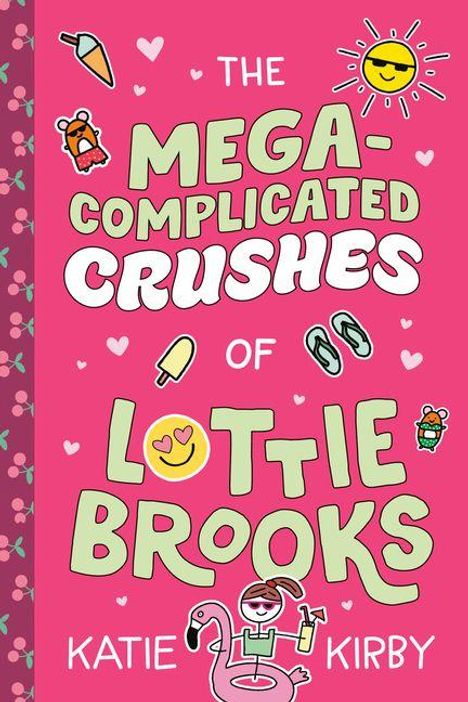 "The Mega-Complicated Crushes of Lottie Brooks" in bunten Buchstaben, umgeben von Eis, Sonne und Flamingo-Illustrationen.