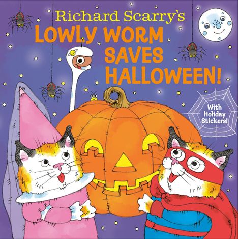 "Richard Scarry's LOWLY WORM SAVES HALLOWEEN! With Holiday Stickers." Eine Illustration mit Katzen in Kostümen und Kürbis.