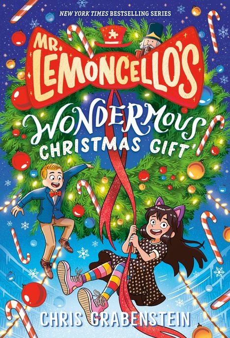 "Mr. Lemoncello's Wonderous Christmas Gift" steht auf einem festlichen Hintergrund mit weihnachtlichen Elementen.