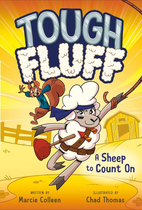 Titel: "TOUGH FLUFF", Untertitel: "A Sheep to Count On". Zwei Figuren: ein entschlossenes Schaf und ein fröhliches Eichhörnchen.