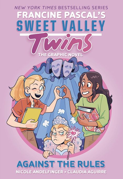 „NEW YORK TIMES BESTSELLING SERIES“, Titel „Francine Pascal's Sweet Valley Twins“. Zwei fröhliche Mädchen mit Büchern.