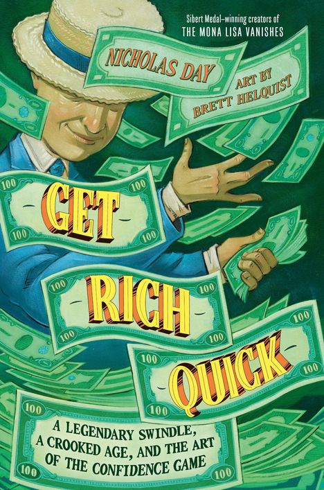 "GET RICH QUICK" in auffälligen Buchstaben. Ein Mann im Anzug wirft Geldscheine in die Luft, grüne Farbtöne.