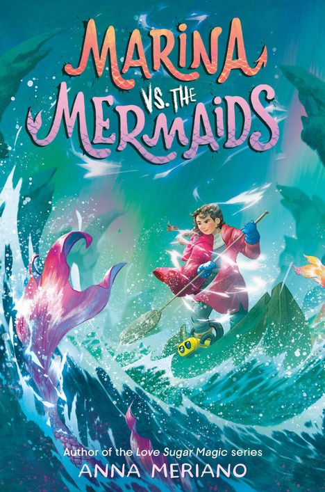 „MARINA VS. THE MERMAIDS“: Kind im Regenmantel mit Speer, kämpft gegen Meereswesen im stürmischen Wasser.