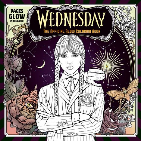 "Wednesday - The Official Glow Coloring Book" steht oben. Illustration: Mädchen mit Zöpfen, Blumen, Kerzenlicht, Nachtmotiv.