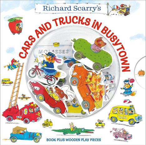 Text: "Cars and Trucks in Busytown." Illustration mit bunten Tieren in Fahrzeugen.