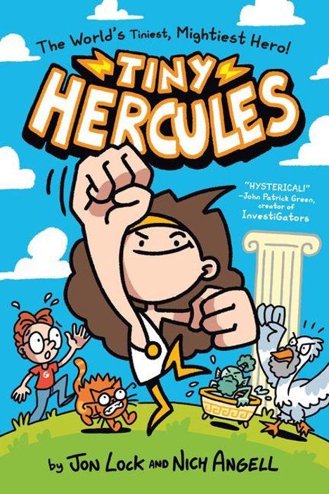 "Tiny Hercules, The World's Tiniest, Mightiest Hero! Illustration: Junge, heben Faust, Wütender Mann und Vogel mit Krug."