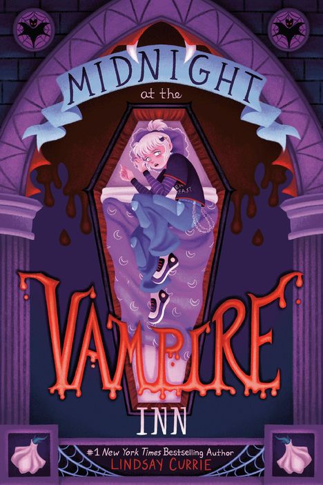 Text: "MIDNIGHT AT THE VAMPIRE INN." Illustration: Blondes Kind in violettem Sarg, Fledermaus-Symbol oben.