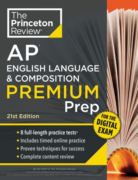"The Princeton Review" Logo, "AP English Language & Composition Premium Prep", 21st Edition, Text über Übungen und Techniken.