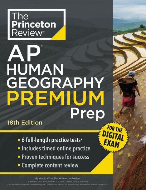 "The Princeton Review: AP Human Geography Premium Prep, 18th Edition. Enthält 6 Tests und digitale Prüfungsvorbereitung." 

Rechte Seite: Reisterrassen mit Person, die einen Korb trägt.