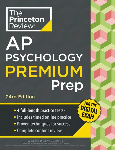The Princeton Review. AP Psychology Premium Prep. 24rd Edition. Gelbes und graues Design mit rosa-grünen Formen rechts.