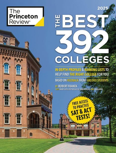 "The Princeton Review: The Best 392 Colleges 2025. Zugang zu SAT & ACT Tests! Historische Backsteingebäude und blauer Himmel."