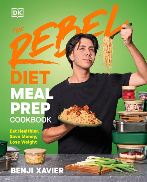 "The Rebel Diet Meal Prep Cookbook" in großen Buchstaben. Ein Mann hält einen Teller mit Pasta, auf grünem Hintergrund.
