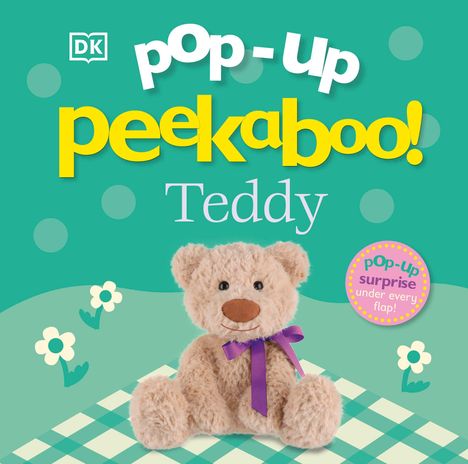 Text: "pop-up peekaboo! Teddy", "pop-up surprise under every flap!". Kuscheltier-Bär mit lila Schleife auf kariertem Boden.