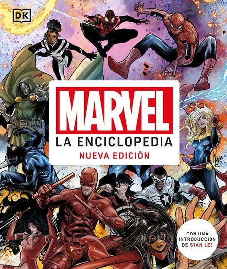"MARVEL LA ENCICLOPEDIA NUEVA EDICIÓN" zeigt eine dynamische Comic-Szene mit bekannten Superhelden.