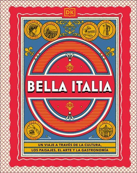 "BELLA ITALIA" in großen weißen Buchstaben in einem dekorativen, bunten Design mit italienischen Symbolen und Ornamenten.