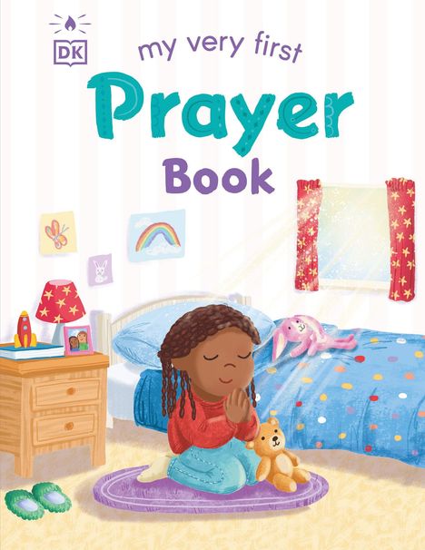 Text: "my very first Prayer Book". 

Illustration eines Kindes im Schlafzimmer beim Beten mit Stofftieren und Bildern.