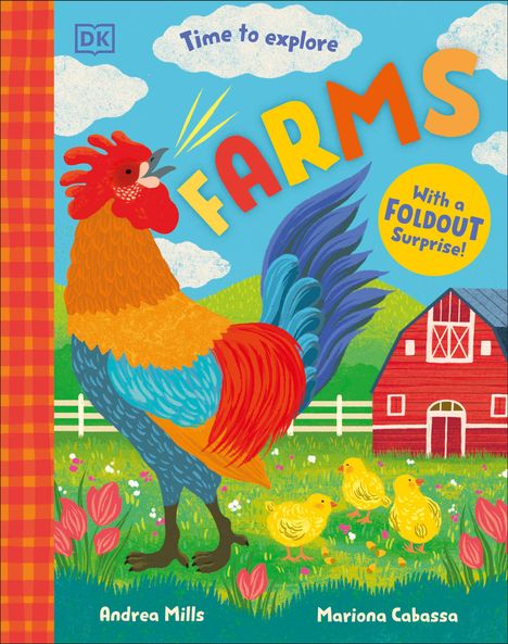 „Time to explore FARMS With a FOLDOUT Surprise!“ zeigt Hahn, Küken und rote Scheune auf grünem Feld.