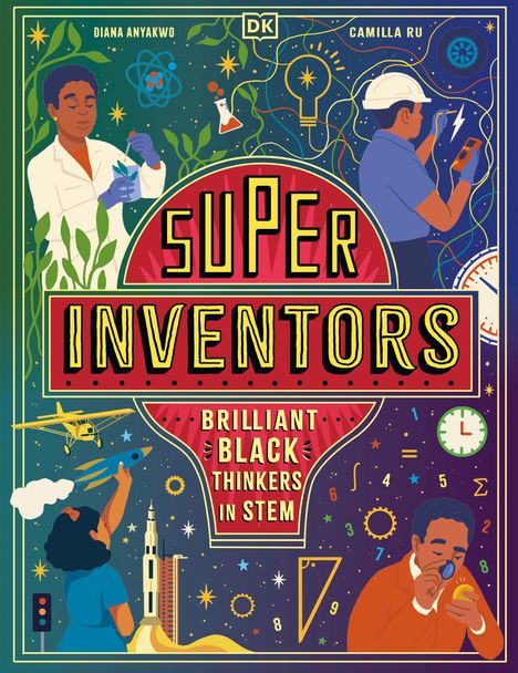 Text: "Cover to be revealed", "DK", "The Super Inventors", "Showcasing Black Brilliance in STEM". Rotes Layout, zentrierte weiße Schrift.