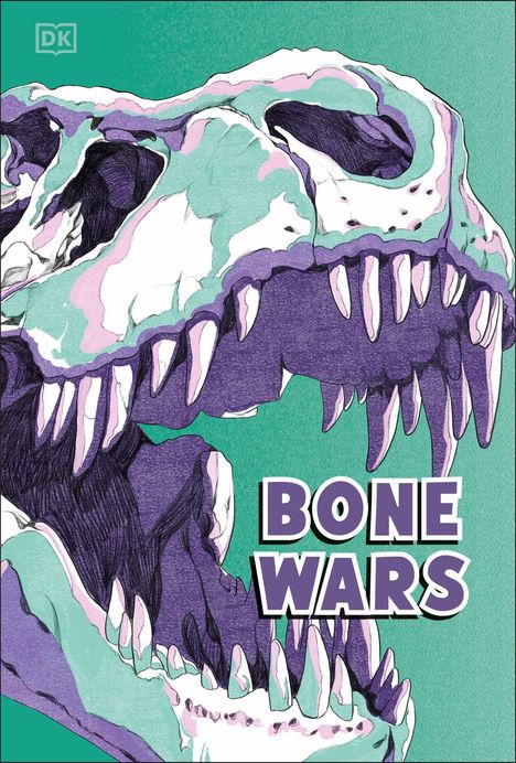 Text: "BONE WARS". Illustration eines Dinosaurier-Schädels in Grün-, Violett- und Weißtönen, mit großen Zähnen.