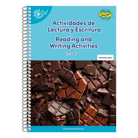 Text: "Actividades de Lectura y Escritura", "Reading and Writing Activities", "Set 2". Bild zeigt Schokoladenstücke.