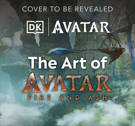 "Cover to be revealed. The Art of Avatar: Fire and Ash. Illustration von schwebenden Felsen und Flugkreaturen."