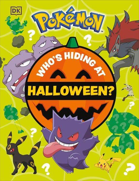 "Who's Hiding at Halloween?" Eine Illustration mit Pokémon, Kürbisgesicht in der Mitte, umgeben von Gengar, Koffing und mehr.