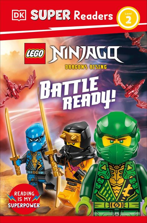 "Battle Ready! Level 2. Reading is my superpower." LEGO Ninjago-Figuren in Kampfpose mit Schwertern. Drachen im Hintergrund.