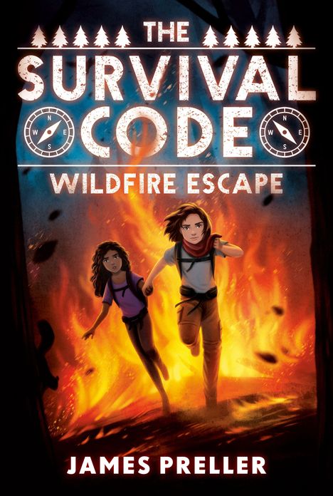 "The Survival Code: Wildfire Escape" von James Preller. Zwei Personen rennen vor einer großen Flammenwand.