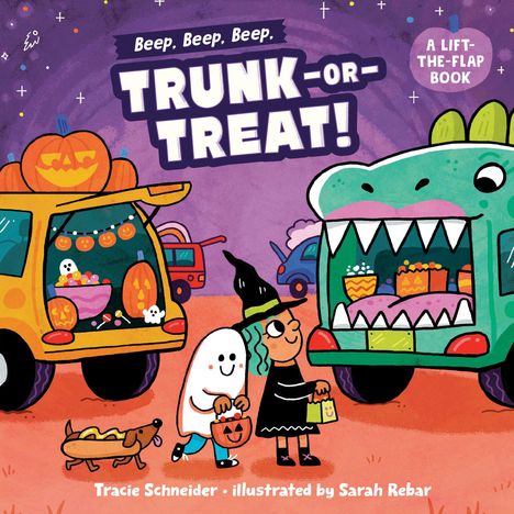 Text: "Beep, Beep, Beep, TRUNK-OR-TREAT! A LIFT-THE-FLAP BOOK." Zwei Kinder in Halloween-Kostümen vor bunt dekorierten Autos.