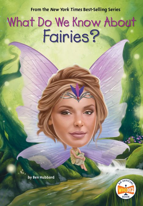 „What Do We Know About Fairies?“ Oben Illustration einer Fee mit Flügeln, Gesicht im Fokus, Natur im Hintergrund. Logo unten rechts.