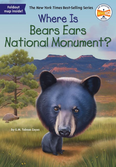 „Where Is Bears Ears National Monument?“ Illustration eines Bären vor einem Baum und felsiger Berglandschaft.