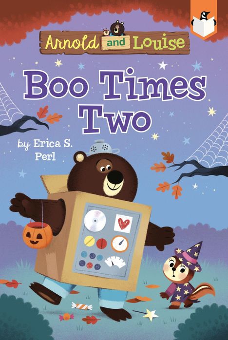 Titel: "Boo Times Two"; Autorenname: "Erica S. Perl." Bär im Roboterkostüm mit Kürbislaterne und Stinktier in Hexenkostüm.