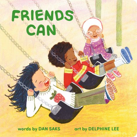 "FRIENDS CAN" zeigt eine Illustration von drei lachenden Kindern auf Schaukeln. Links sind Blumen und Strickmuster zu sehen.
