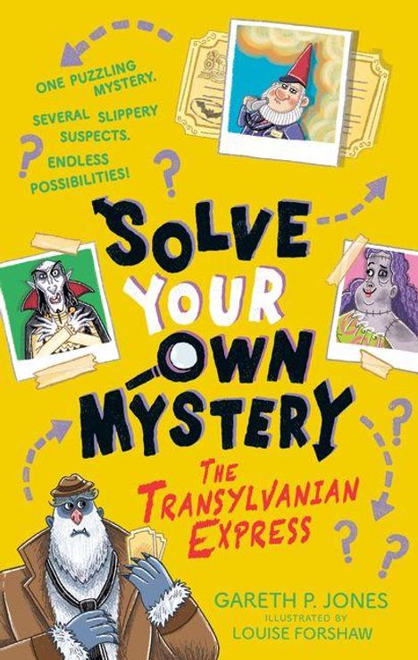 Mehrere Texte über einem gelben Hintergrund. "Solve Your Own Mystery: The Transylvanian Express" mit Charakterillustrationen.