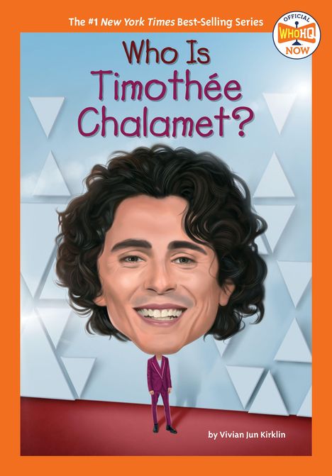 "Who Is Timothée Chalamet?" in lila Text. Illustration: Eine große Karikatur seines Kopfes, kleine Figur im Anzug unten.