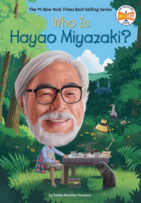 „Who Is Hayao Miyazaki?“ Illustration eines lachenden Mannes vor einem grünen Wald, sitzend an einem Zeichentisch.