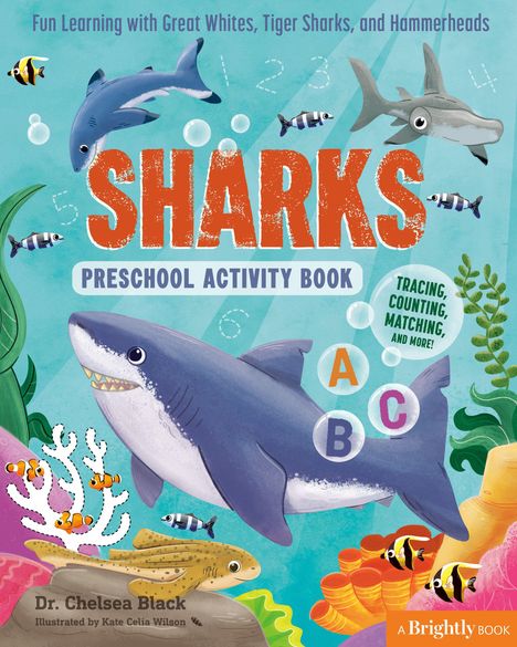 Text: Sharks Preschool Activity Book. Tracing, counting, matching, and more! Illustration von Haien und Fischen im Ozean.